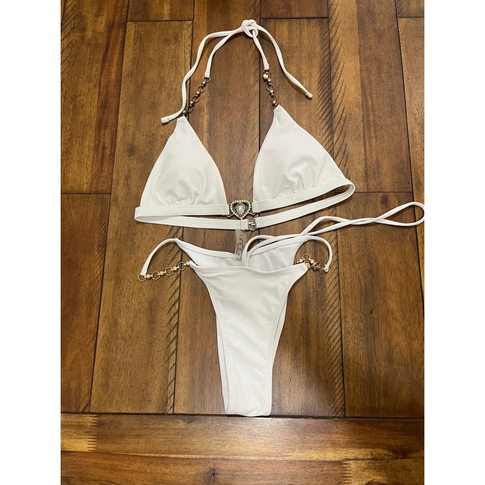 SHEIN‎ Bikini Set Womens Size S White Good Heart Rhinestone Gold Chain